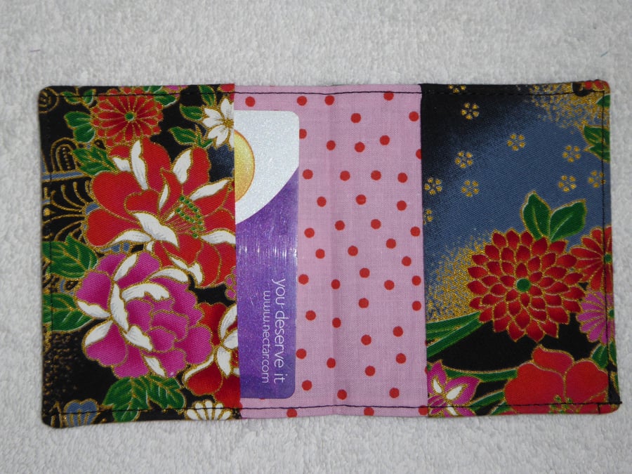Flip Card Wallet. Japanese Flowers on Black  Print Fabric