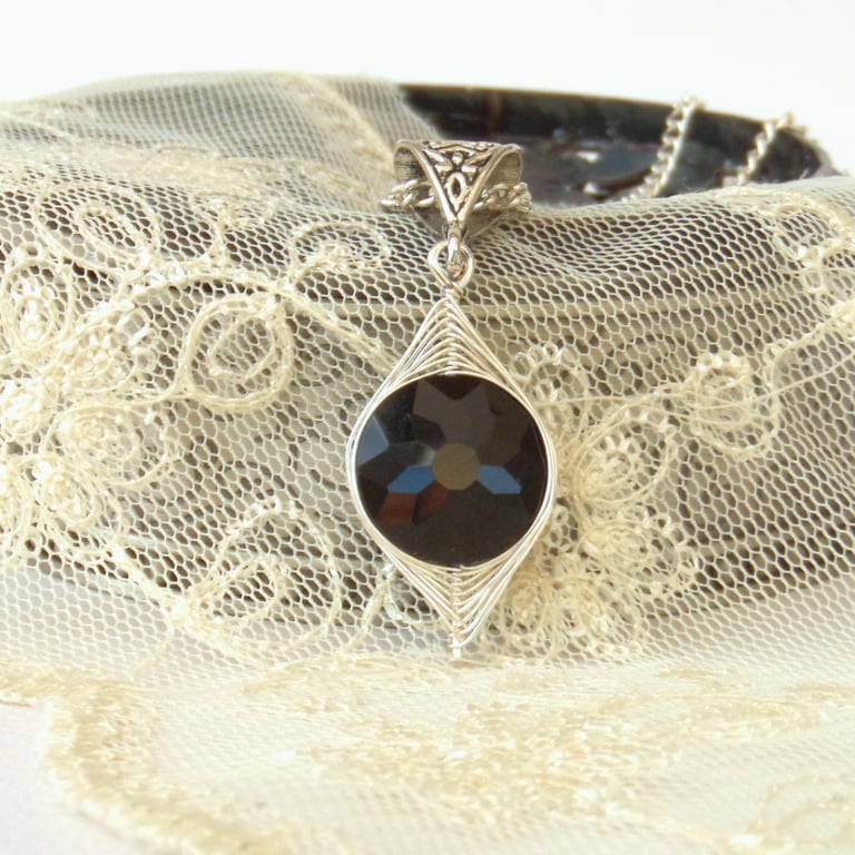 Wire wrapped black crystal necklace