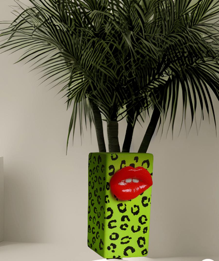 Neon Yellow Leopard 3D Lips Vase 