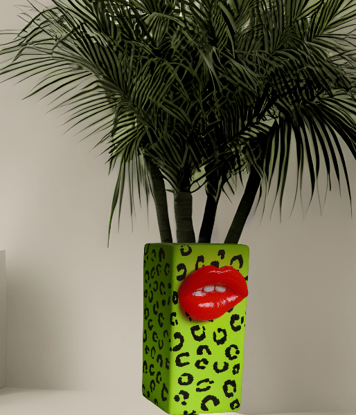 Neon Yellow Leopard 3D Lips Vase 