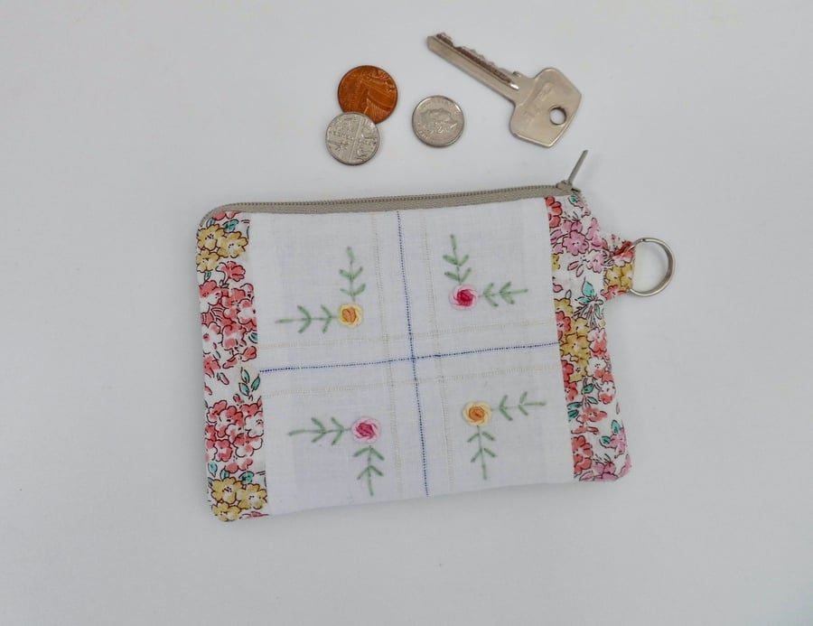 Coin purse in reclaimed embroidered cloth with Liberty trim and denim