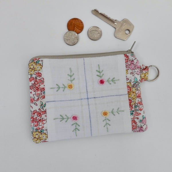 Coin purse in reclaimed embroidered cloth with Liberty trim and denim