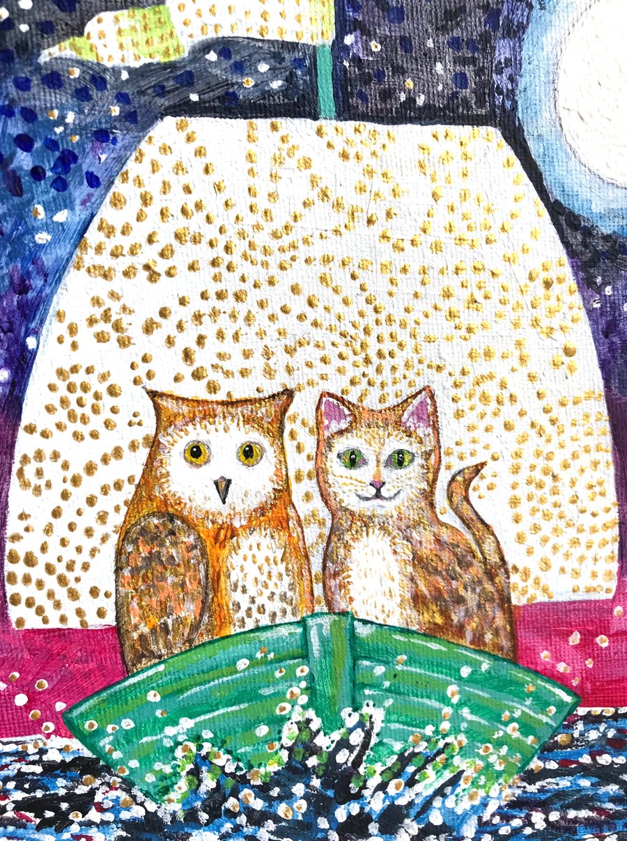 The Owl and the Pussycat Original Painting, 8 x 8 Box Canvas