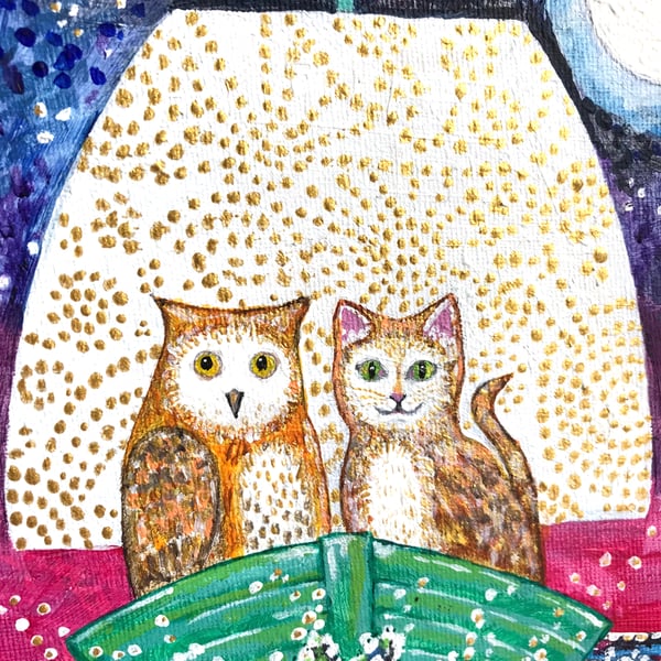 The Owl and the Pussycat Original Painting, 8 x 8 Box Canvas