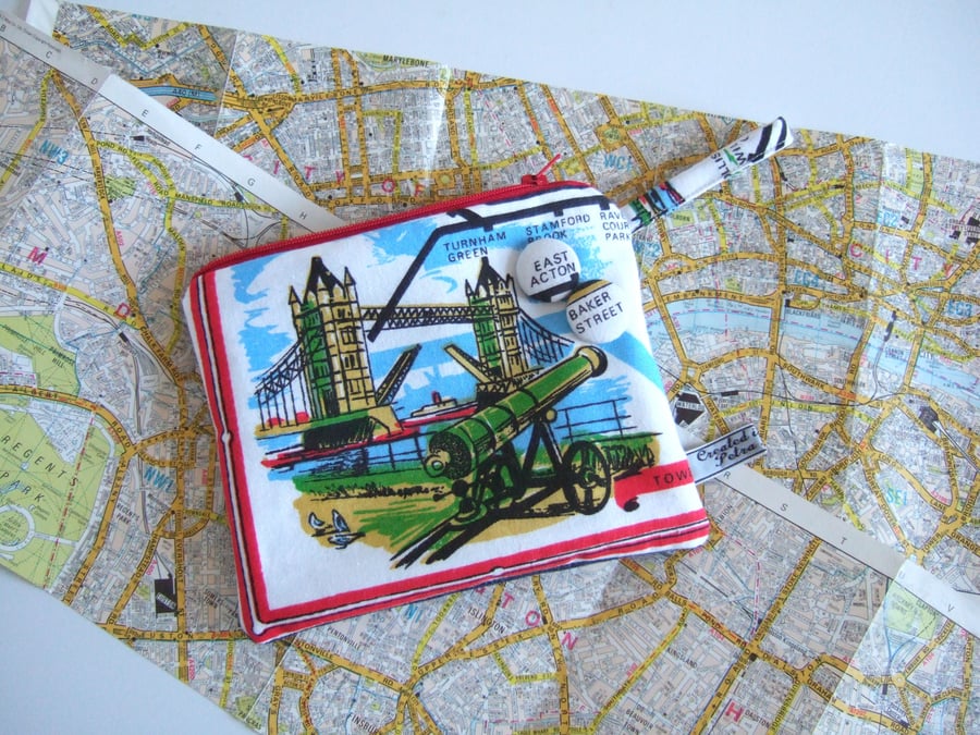 CRAFT Make up bag in a vintage tea towel London tube map with Tower Bridge