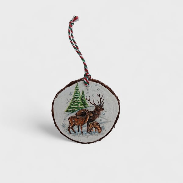 Rustic Red Deer Highland Stag Round Wooden Christmas Decoration Tree Ornament