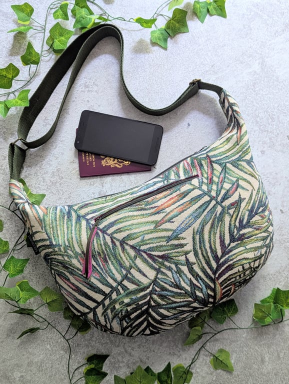Large Cross Body Dumpling or Sling Bag with Leafy Design and Pink Lining 