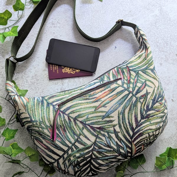 Large Cross Body Dumpling or Sling Bag with Leafy Design and Pink Lining 