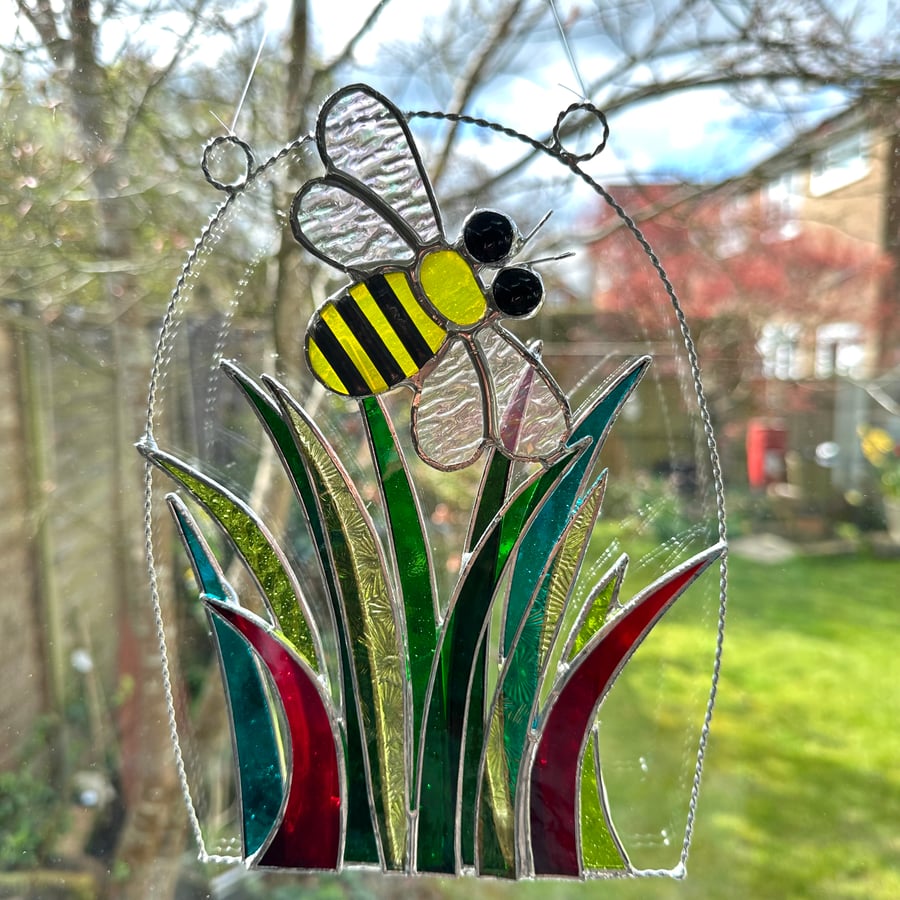 Stained Glass Bee over Grass Suncatcher 1 - Handmade Window Decoration 