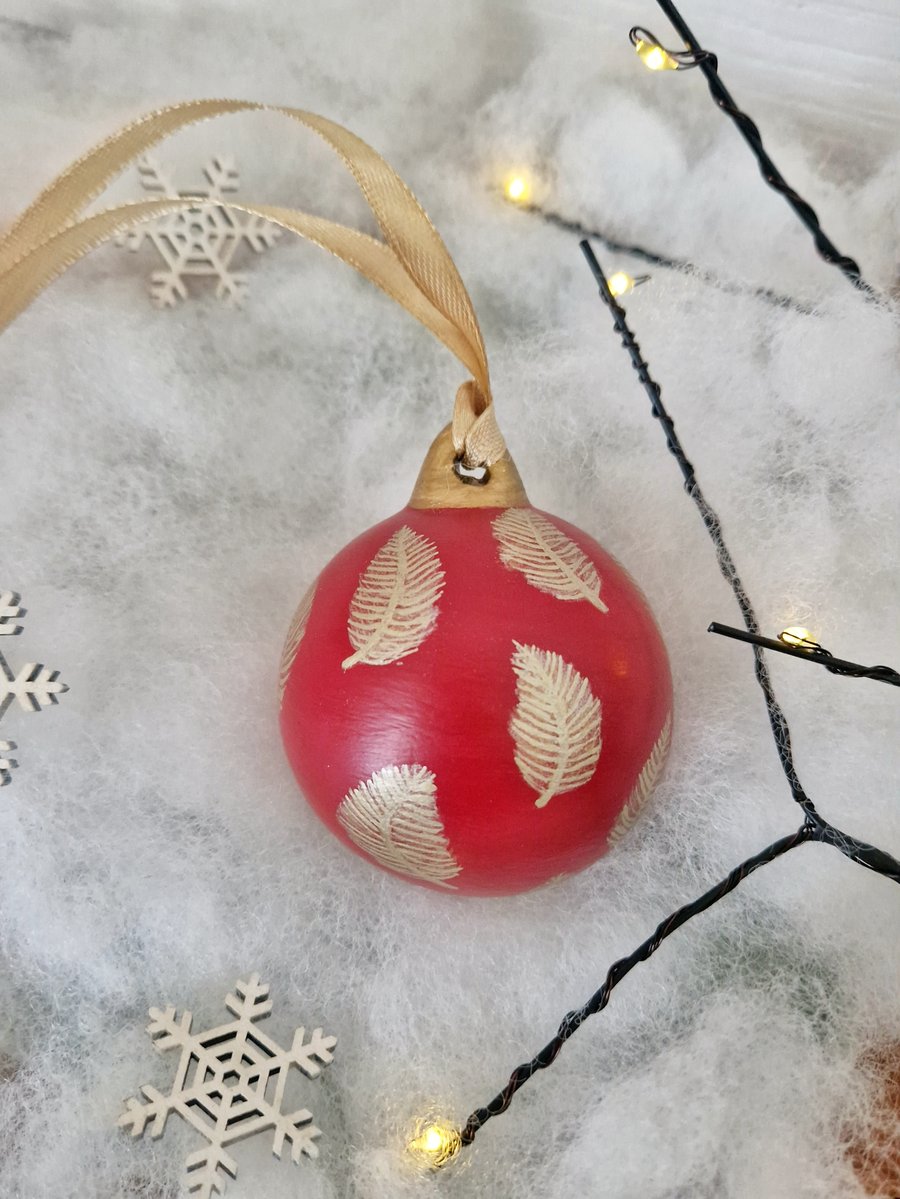 Hand Painted Red and Gold Feather Ceramic Bauble 