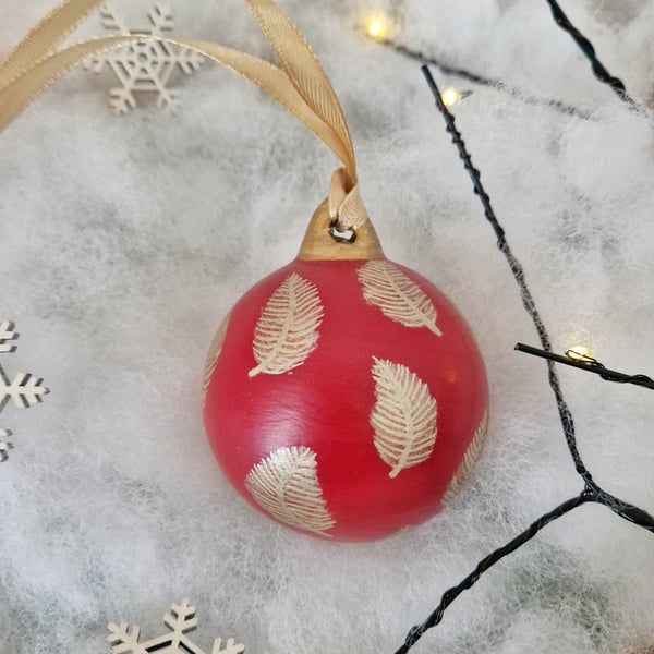 Hand Painted Red and Gold Feather Ceramic Bauble 