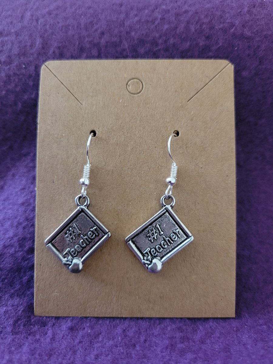 Silver No 1 Teacher Charm Dangle Earrings on Silver Plated Earring Hooks