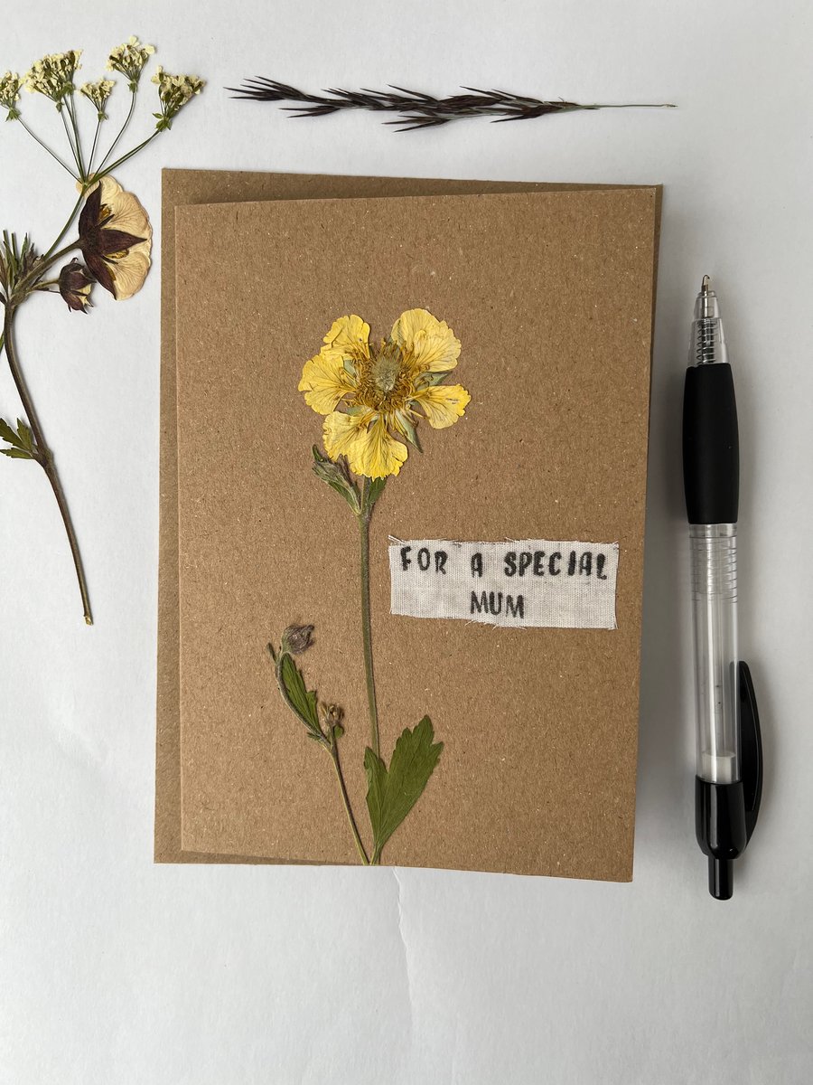 Handmade Real Pressed Flower, Geum, Mother's day, Birthday Greeting Card