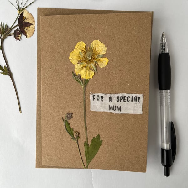 Handmade Real Pressed Flower, Geum, Mother's day, Birthday Greeting Card