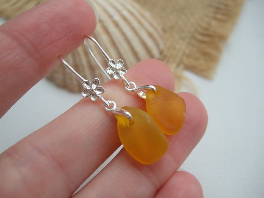 Yellow sea glass earring, Spanish beach glass earrings, flower dangling