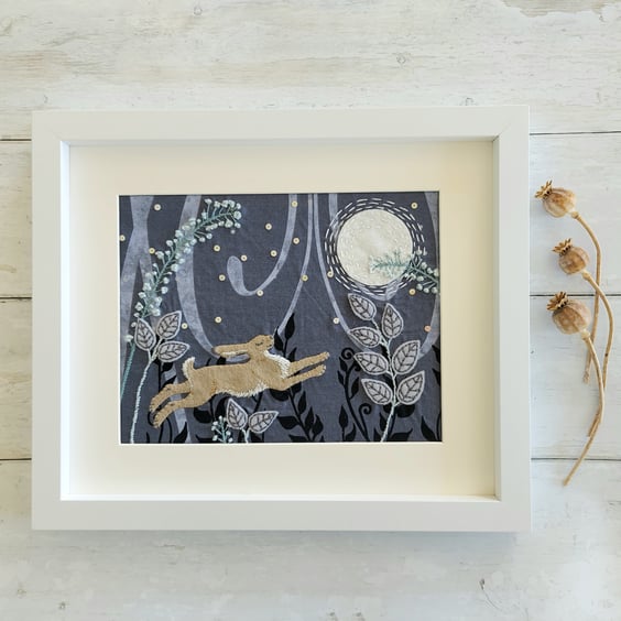 Moonlit Hare Fabric Art Picture with Hand Embroidery (Rectangle)