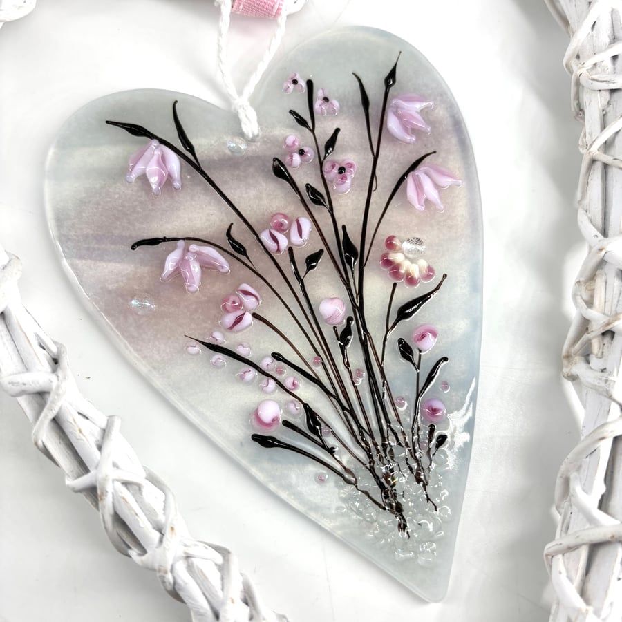 Glass & Wicker Heart with Delicate Pink & Black Flowers