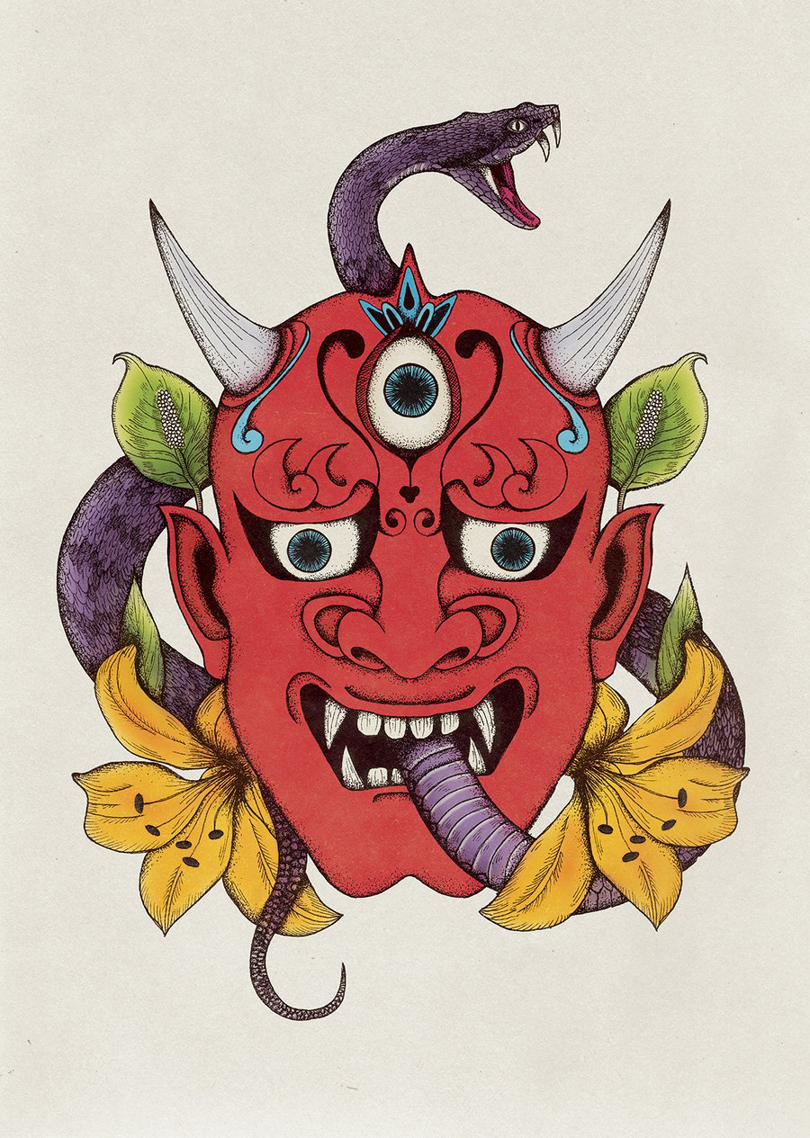 Oni Mask, Hannya Mask, Japanese, Tattoo Art, Snake, Lily, A3 Art Print