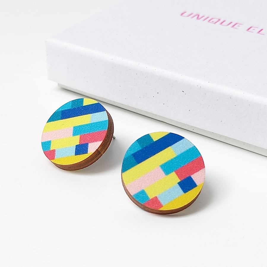 Colourful Diagonal Wooden Stud Earrings