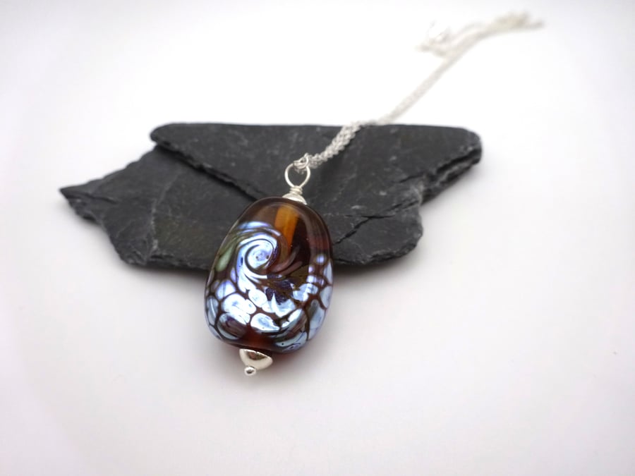 amber lampwork glass silver swirl pendant necklace