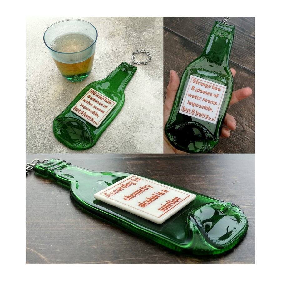 Handmade Fused Glass Hanging Recycled Flattened Bottle With Humorous Quotes 