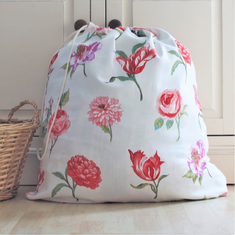 Red & Pink Flower Print Drawstring Laundry Bag