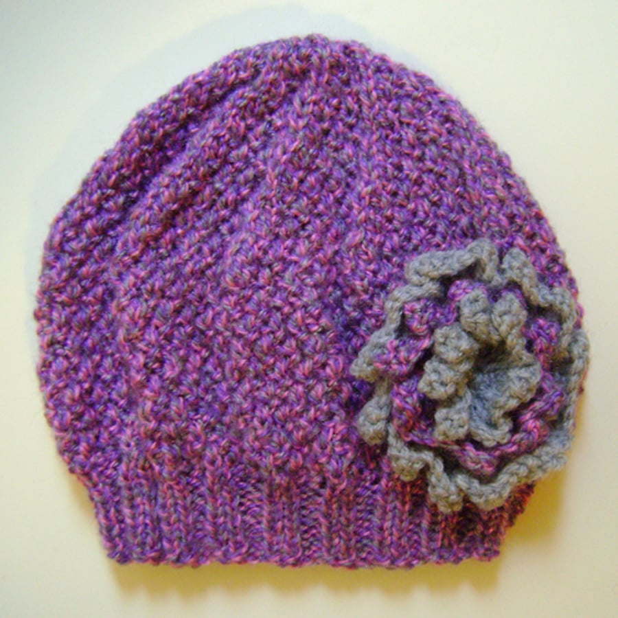 Girls Beanie Hat in Lilac Mix and Grey Size Medium 5 to 10 years