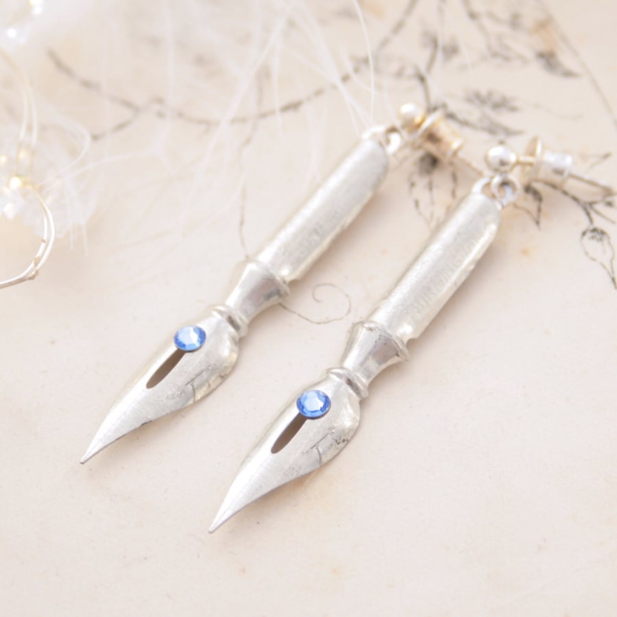 Fountain Pen Nib Earrings Birthstone Jewellery Dangle Earrings in Dark Academia 
