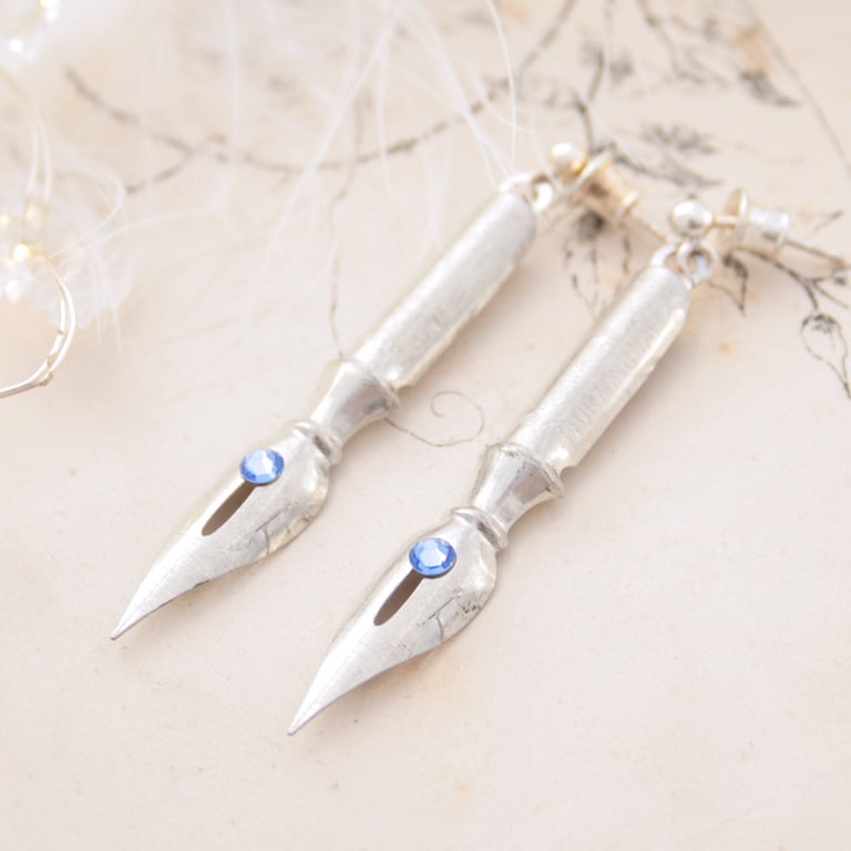 Fountain Pen Nib Earrings Birthstone Jewellery Dangle Earrings in Dark Academia 