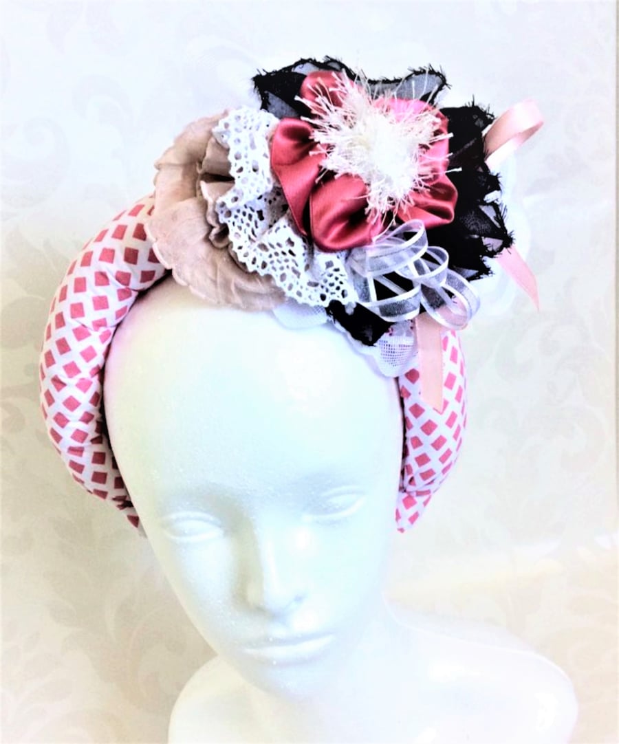 fascinator Padded headband Halo Hat pink and white Hats large flower