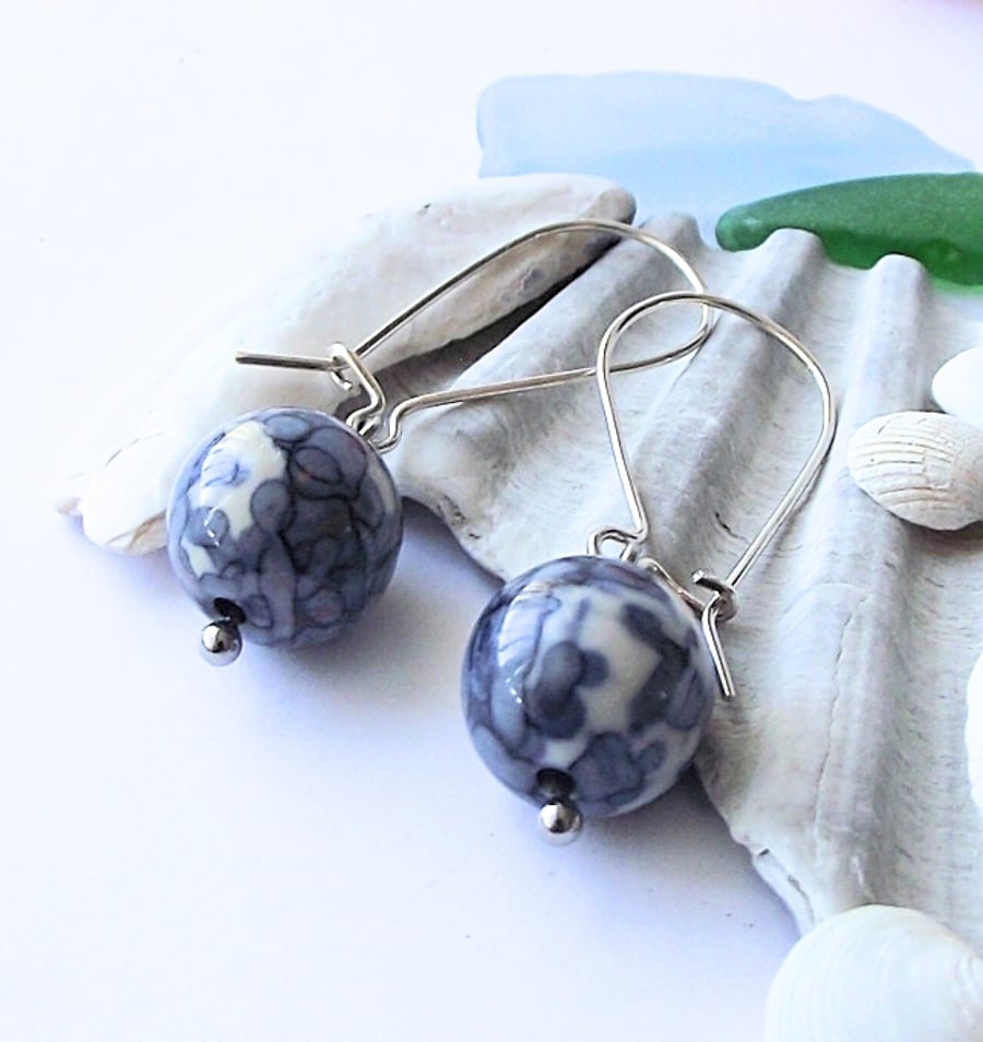 Blue white jasper earrings semi precious gemstone