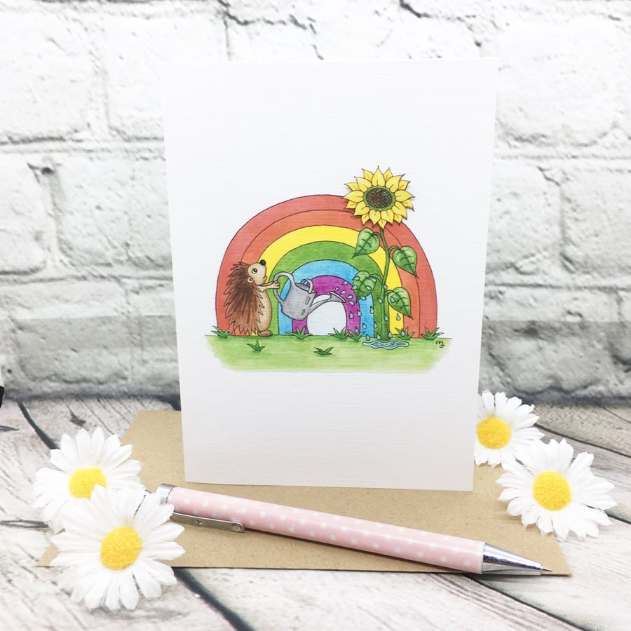 Hedgehog with Sunflower & Rainbow Card - Blank - Any Occasion 