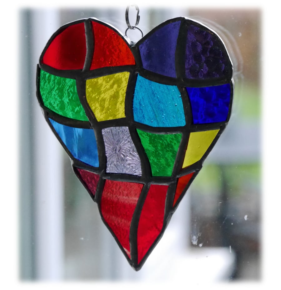 Patchwork Heart Suncatcher Stained Glass Handmade Rainbow 029
