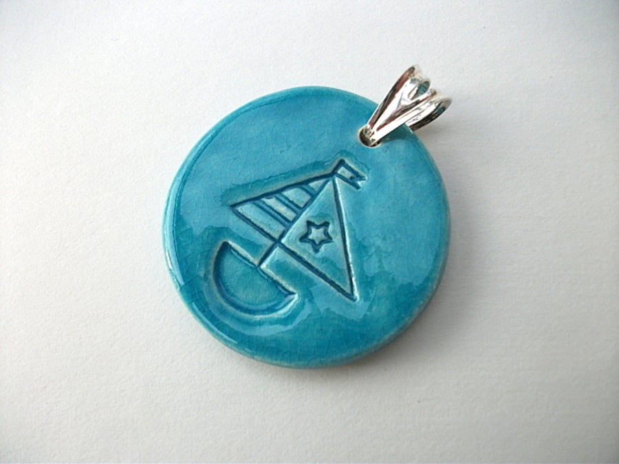 Ceramic turquoise pendant imprinted with a boat design - Reduced - sale 