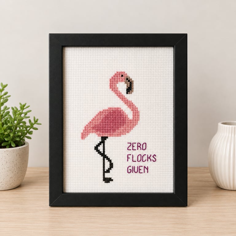 Zero Flocks Given Flamingo Cross Stitch – Funny Handmade Framed Gift