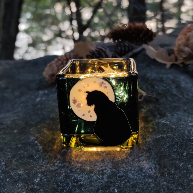 Hand painted glass candle holder, black cat under the moon