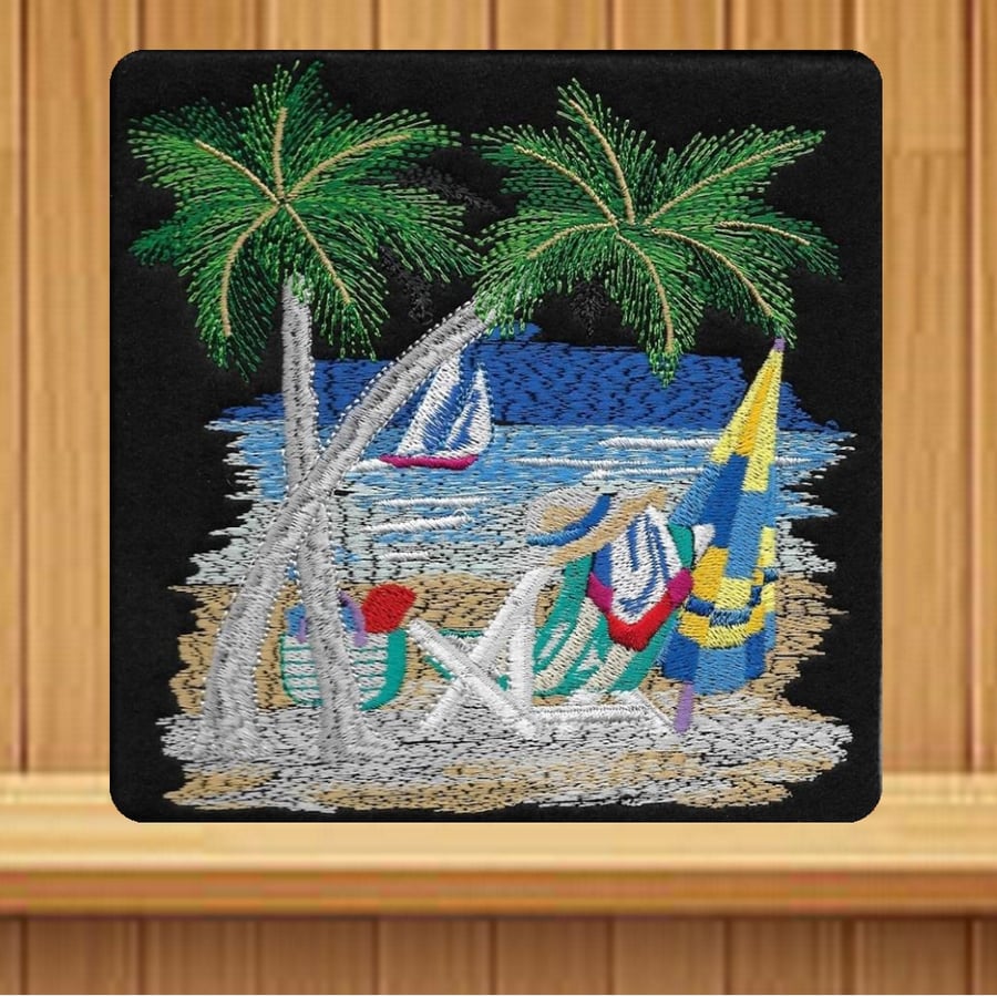 Handmade beach scene greetings card (with option to personalise) embroidered 