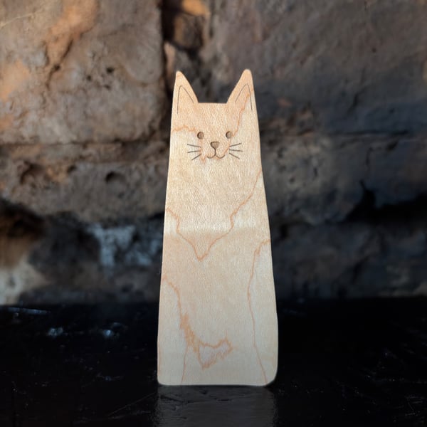 Tall Wooden Cat Shelf Sitter – Handmade Maple Cat Decoration