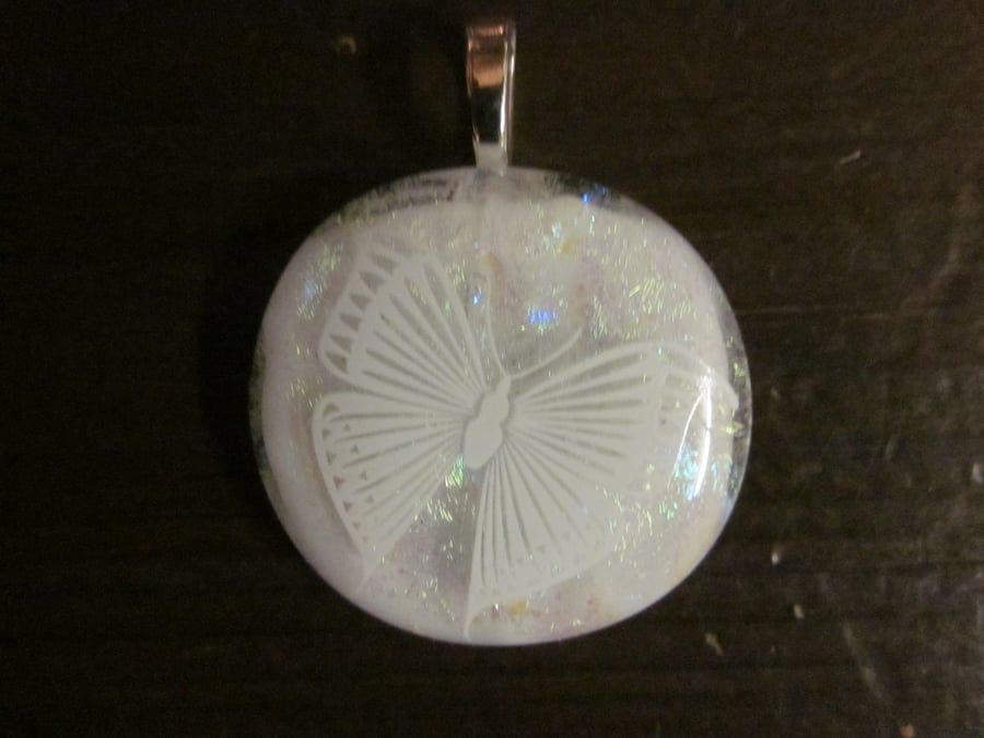 Handmade dichroic glass cabochon pendant - Pearl Shimmer with butterfly