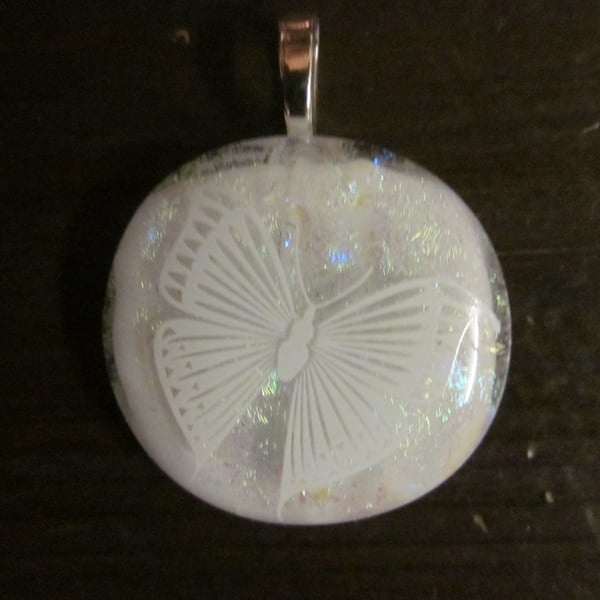 Handmade dichroic glass cabochon pendant - Pearl Shimmer with butterfly