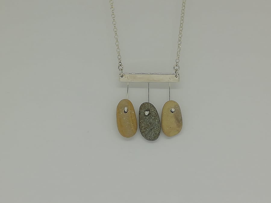 Three Beach Pebbles on a Silver Bar Necklace