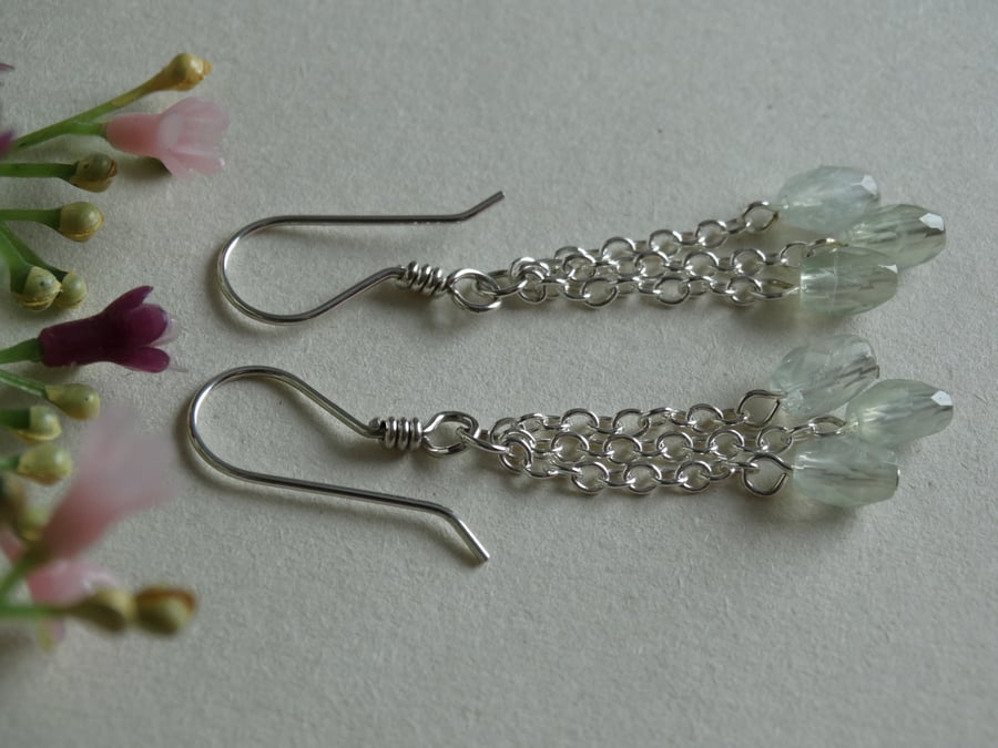 Prehnite bead and chain dangle earrings heart chakra