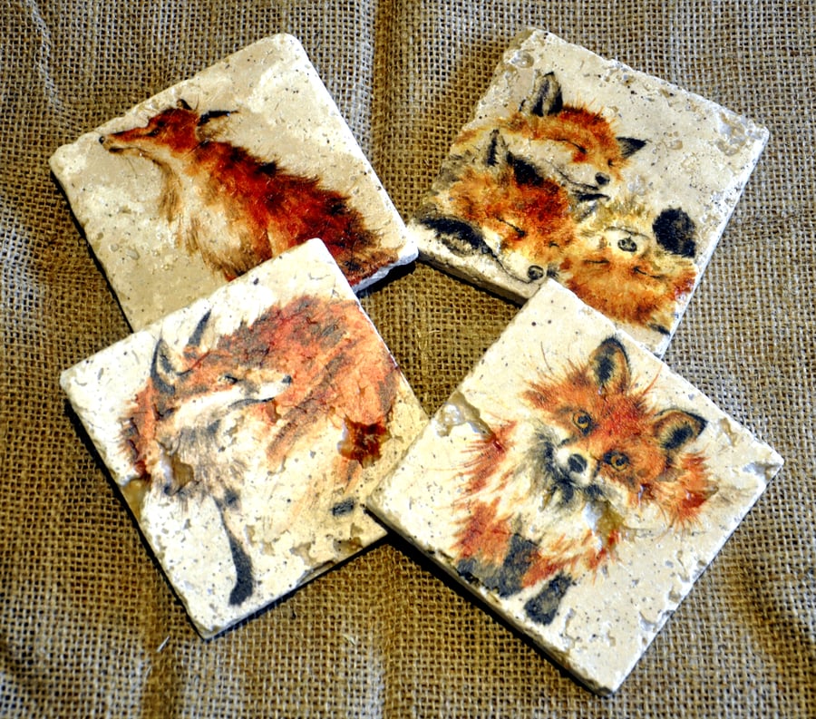 Set of Four Fox Natural Stone Coasters