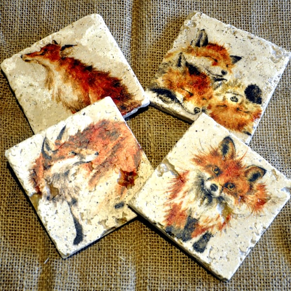 Set of Four Fox Natural Stone Coasters