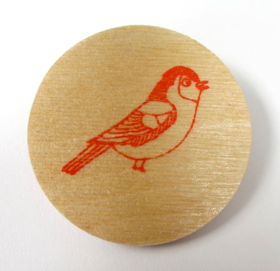 Red bird hand screen printed wooden brooch