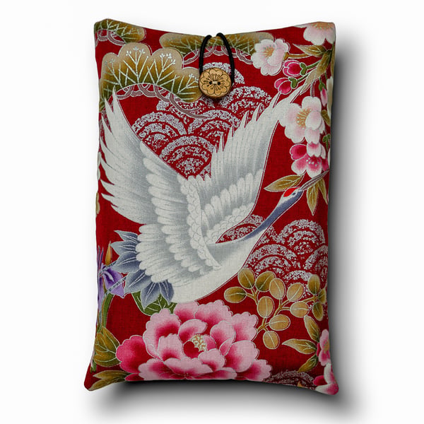 Crane & Floral Book Sleeve – Japanese Cotton Book Protector with Coconut Button
