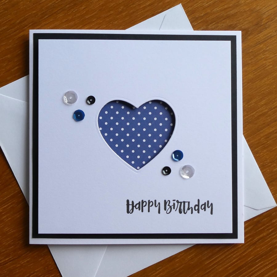 Navy and White Polka Dot Heart Aperture Birthday Card