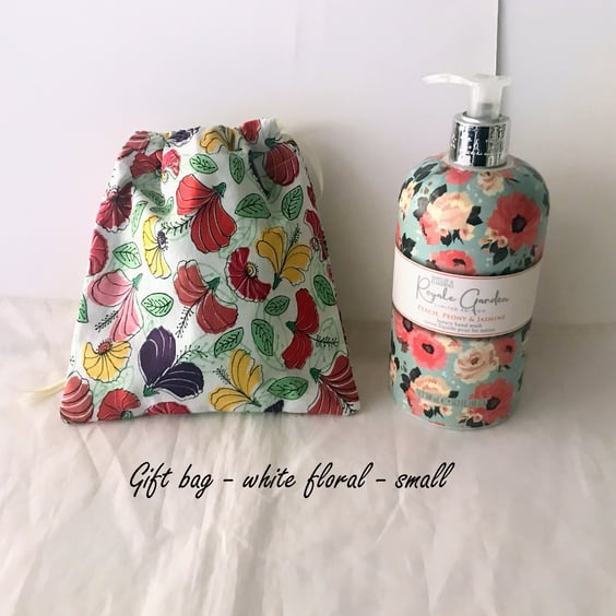 White Floral Drawstring Gift Bag, Eco Friendly Reusable Fabric Bag