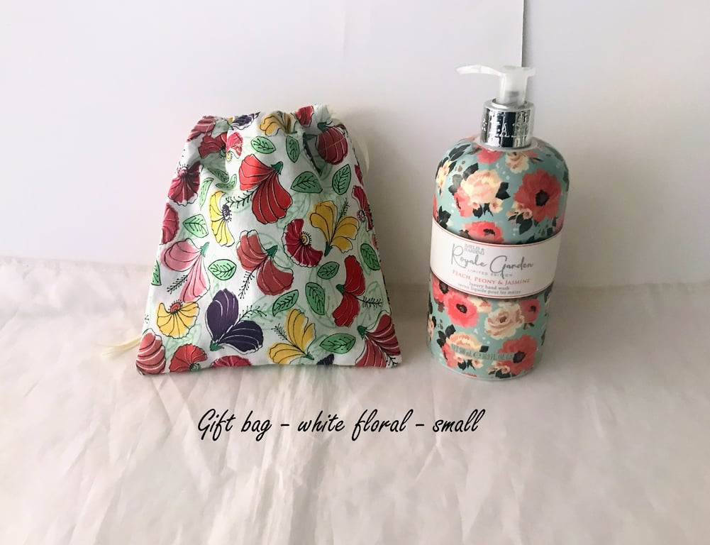 White Floral Drawstring Gift Bag, Eco Friendly Reusable Fabric Bag