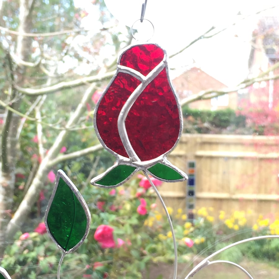 Stained Glass Rose Suncatcher Handmade Hanging Decoration - Red